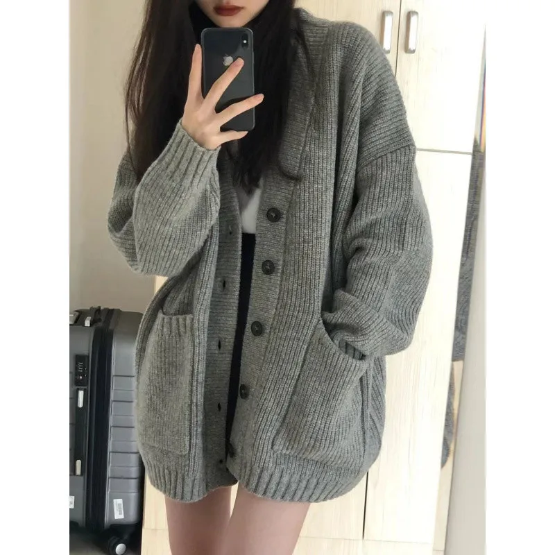Sc8a5988d313c4dbe917383881312ad3dP.webp Korean version V-collar lazy wind cardigan Japanese department simple sweater female spring and autumn winter casual loose knit - Image 1